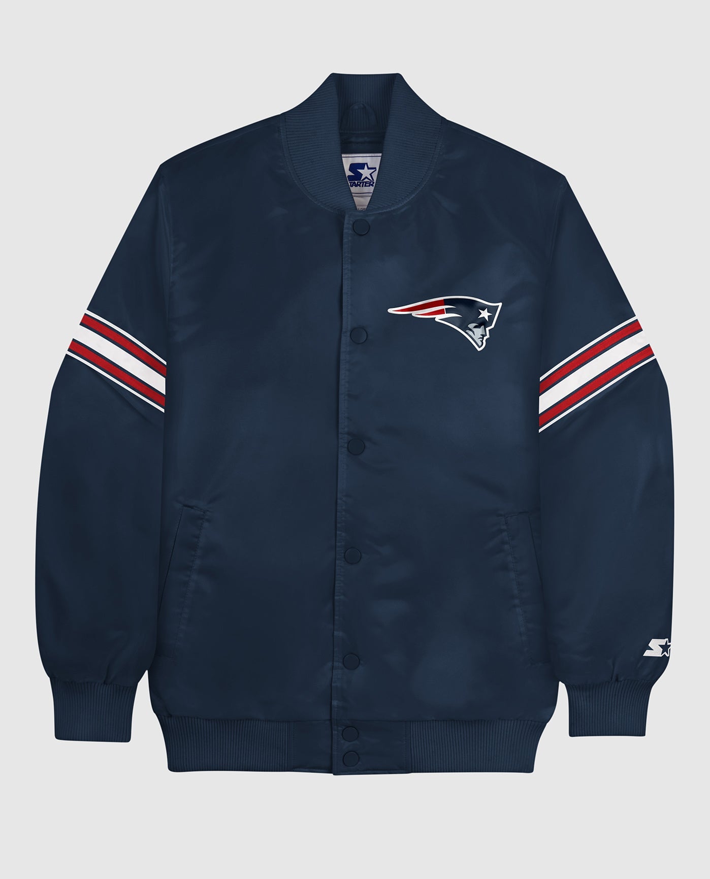 Front of New England Patriots Varsity Satin Full-Snap Jacket | Patriots Navy