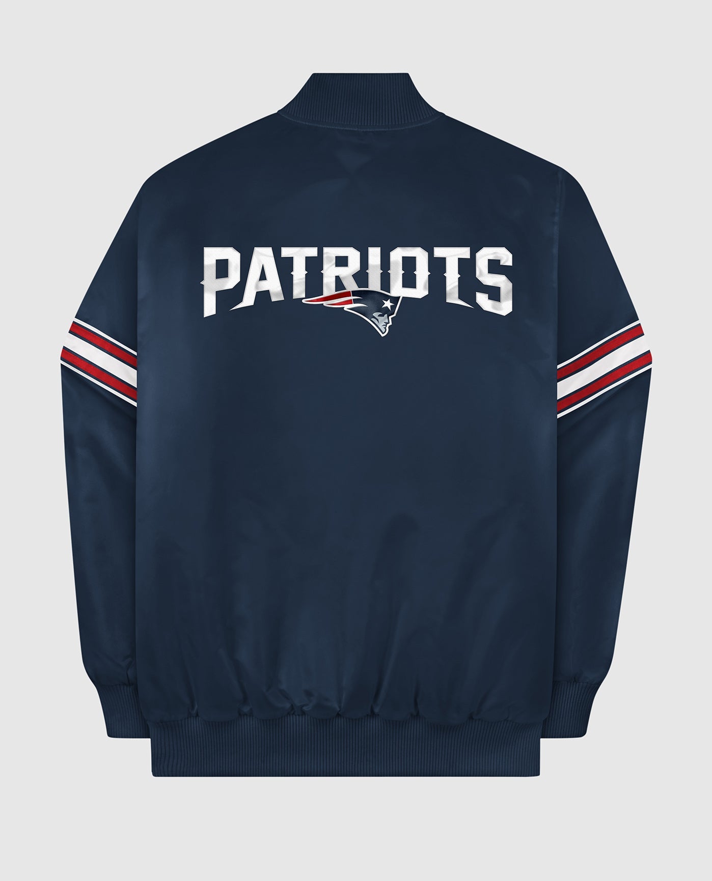 Back of New England Patriots Varsity Satin Full-Snap Jacket | Patriots Navy