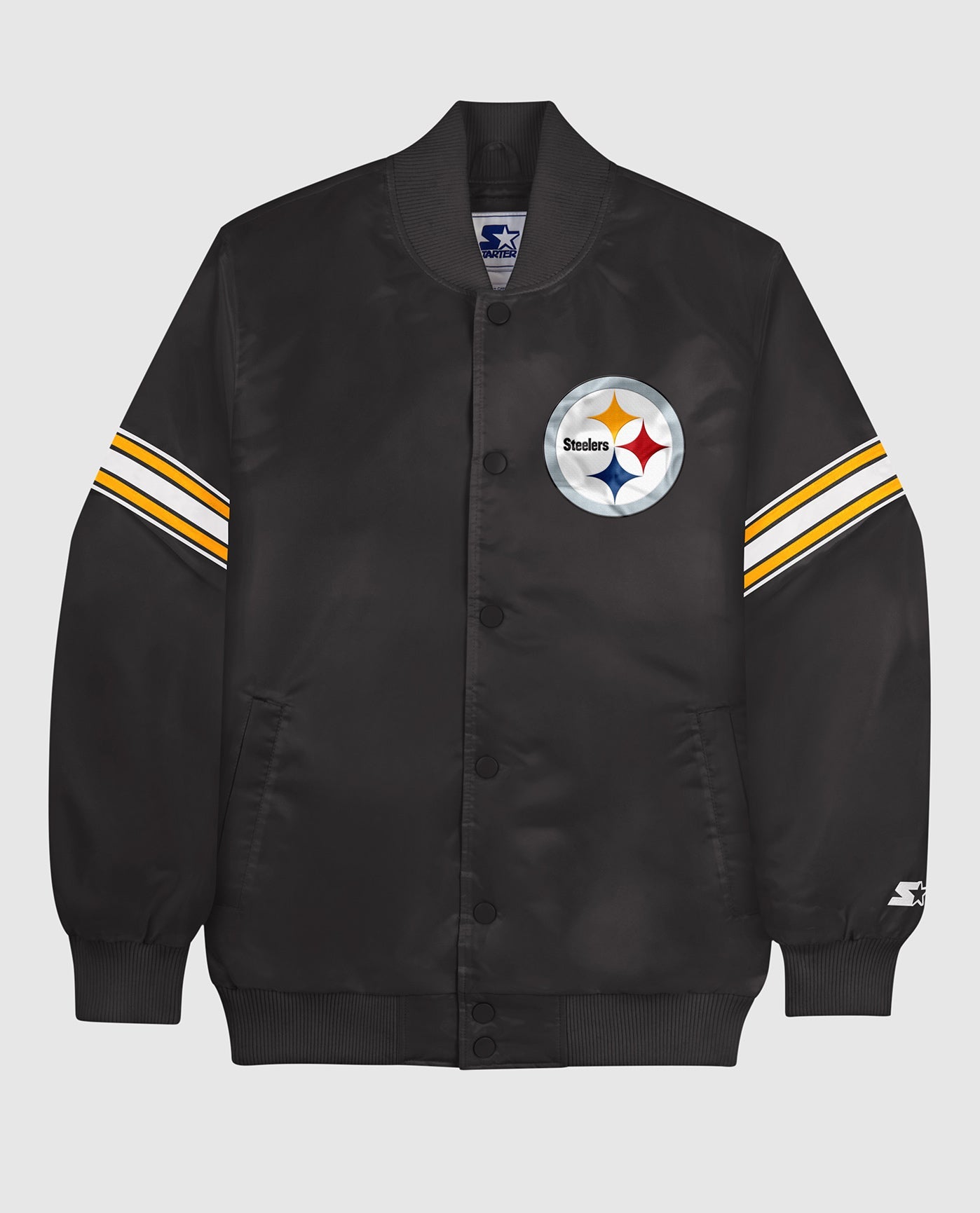 Front of Pittsburgh Steelers Varsity Satin Full-Snap Jacket | Steelers Black