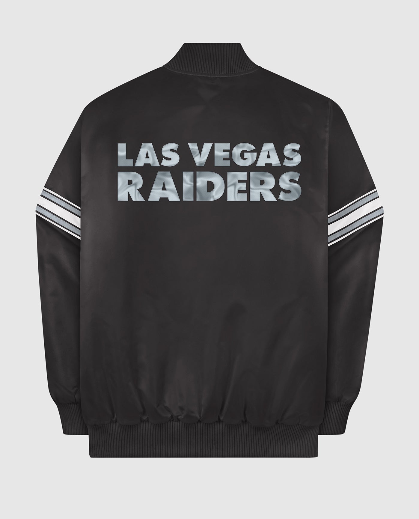 Back of Las Vegas Raiders Varsity Satin Full-Snap Jacket | Raiders Black