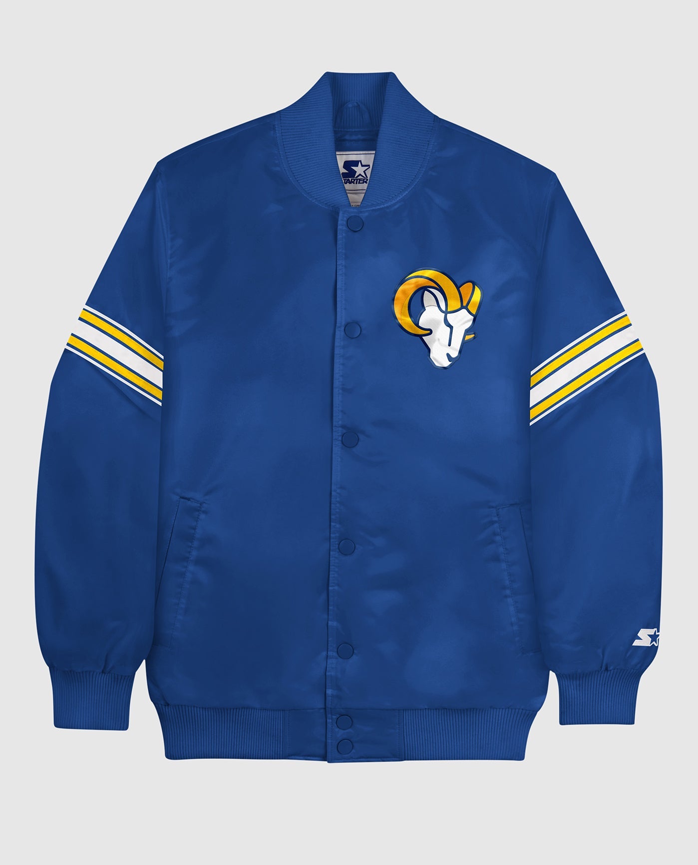 Front of Los Angeles Rams Varsity Satin Full-Snap Jacket | Rams Blue