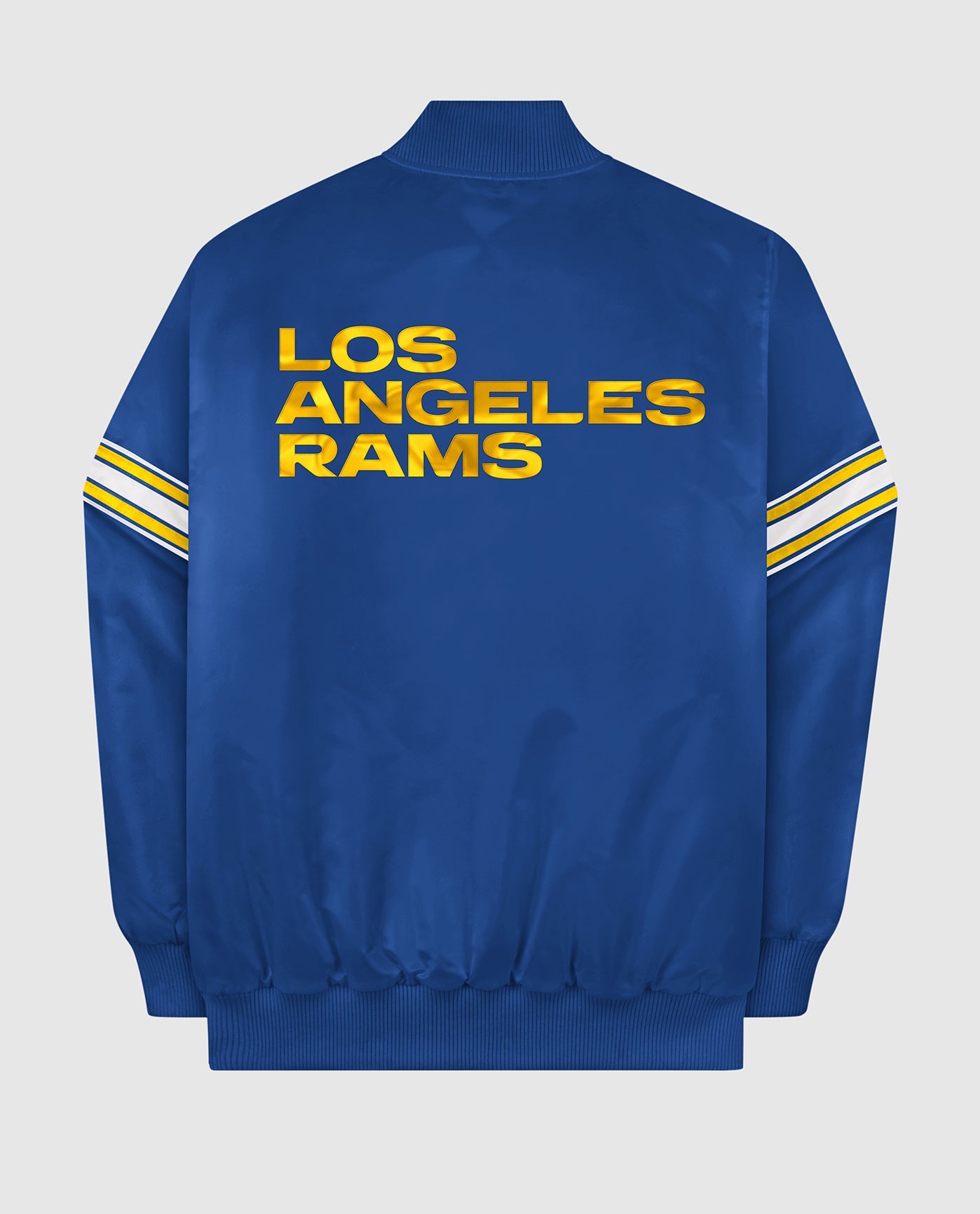 Back of Los Angeles Rams Varsity Satin Full-Snap Jacket | Rams Blue