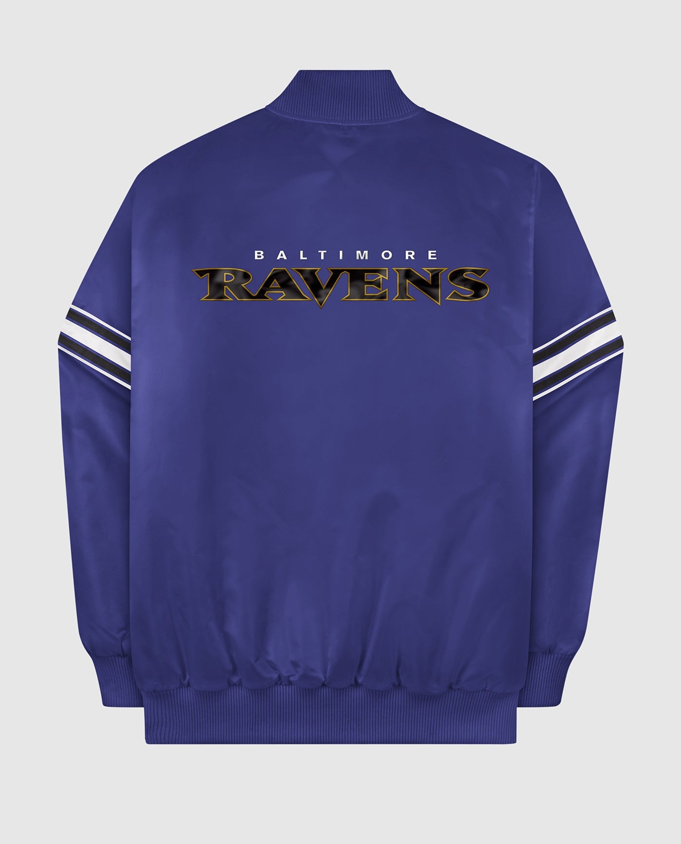 Back of Baltimore Ravens Varsity Satin Full-Snap Jacket | Ravens Purple