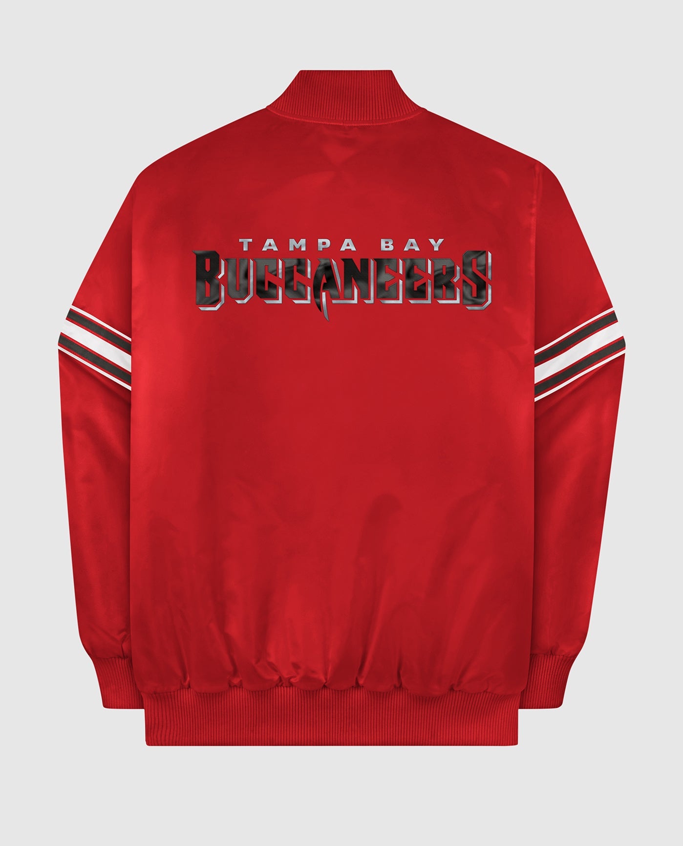 Back of Tampa Bay Buccaneers Varsity Satin Full-Snap Jacket | Buccaneers Red