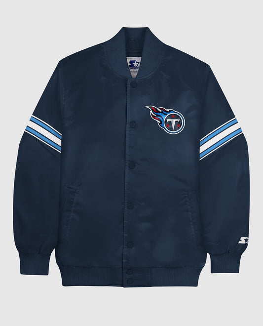 Front of Tennessee Titans Varsity Satin Full-Snap Jacket | Titans Navy