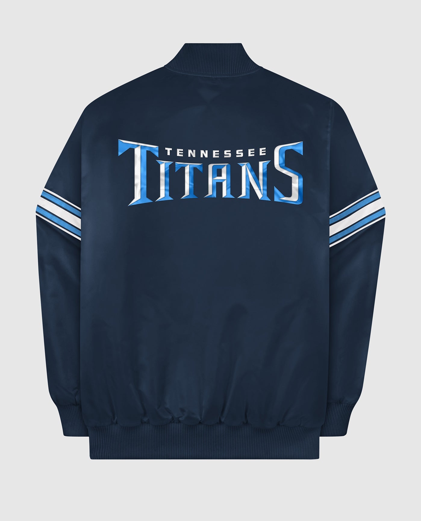 Back of Tennessee Titans Varsity Satin Full-Snap Jacket | Titans Navy