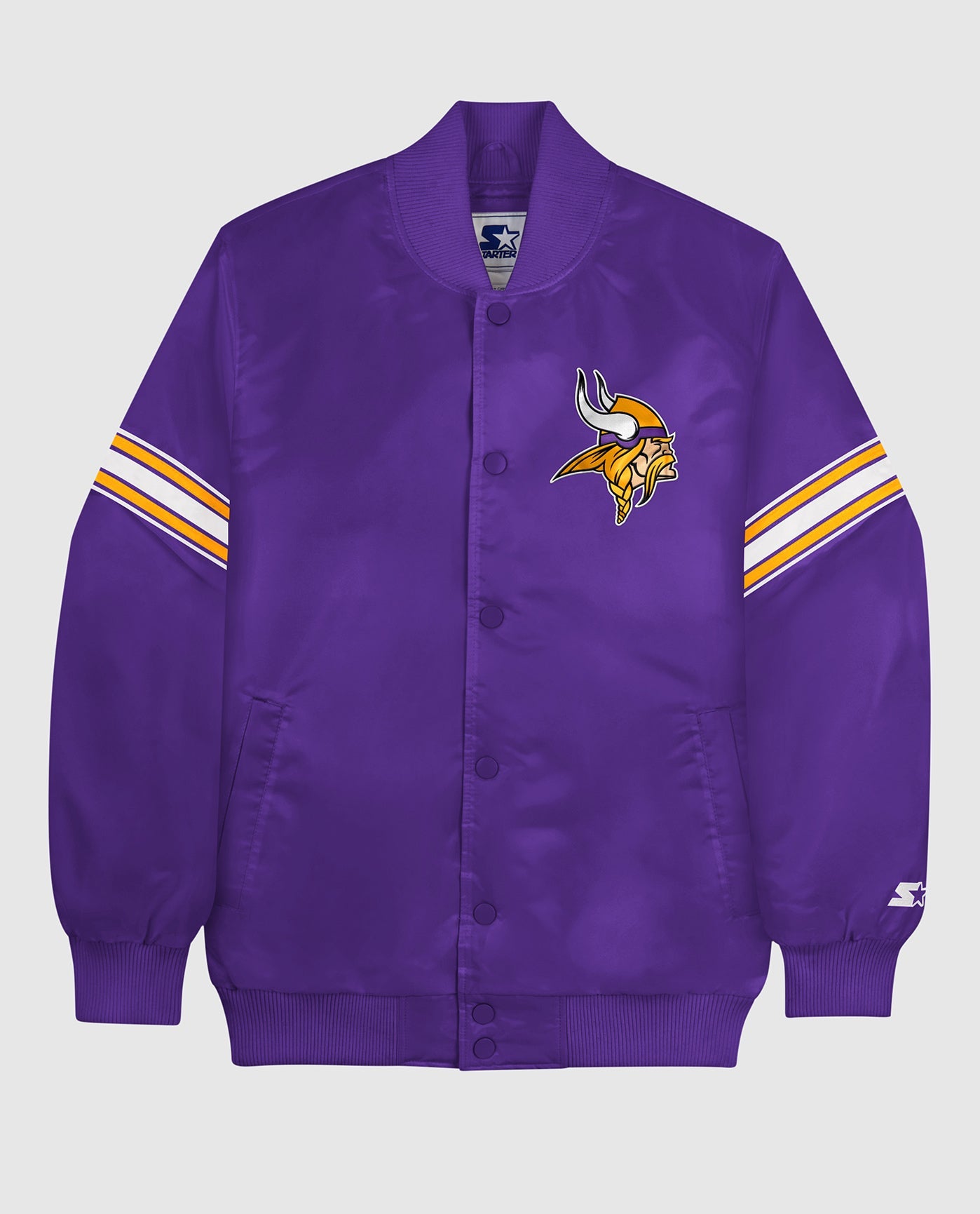 Front of Minnesota Vikings Varsity Satin Full-Snap Jacket | Vikings Purple