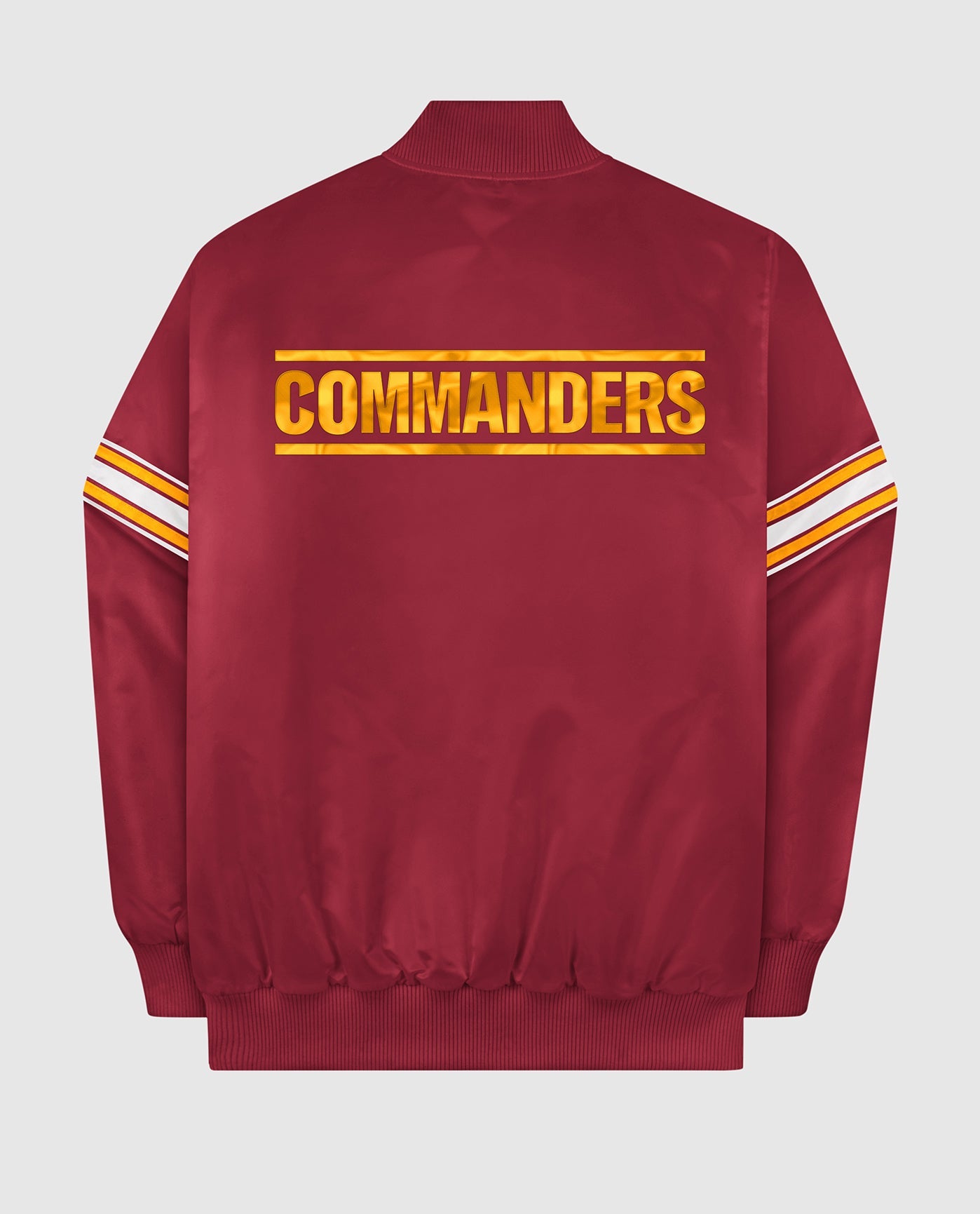 Back of Washington Commanders Varsity Satin Full-Snap Jacket | Commanders Burgandy