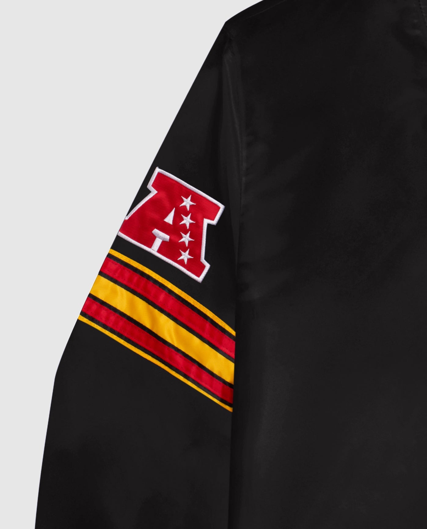 Conference Logo and Sleeve Stripe of Kansas City Chiefs Satin Full-Snap Jacket | Black