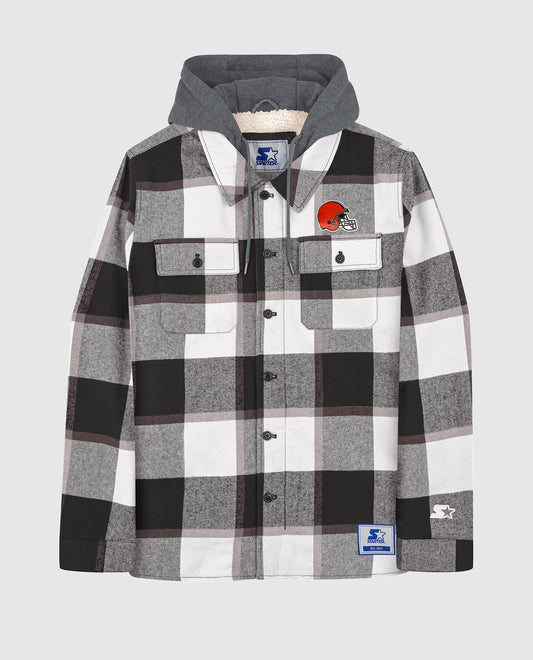Front of Cleveland Browns Sherpa Lined Plaid Jacket | Black