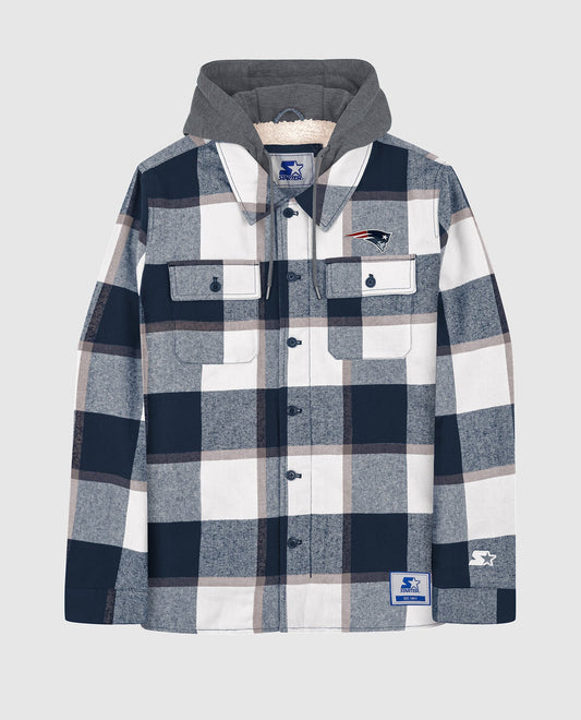 Front of New England Patriots Sherpa Lined Plaid Jacket | Patriots Navy