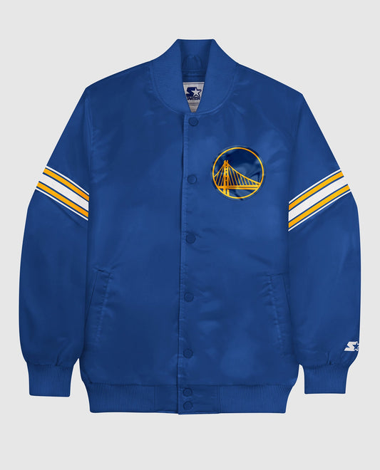 Front of Golden State Warriors Varsity Satin Full-Snap Jacket | Warriors Blue