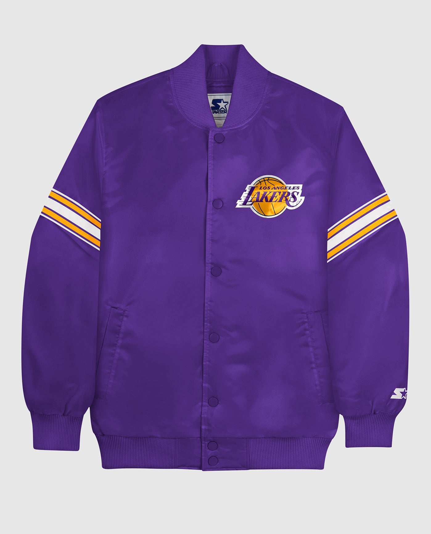 Front of Los Angeles Lakers Varsity Satin Full-Snap Jacket | Lakers Purple
