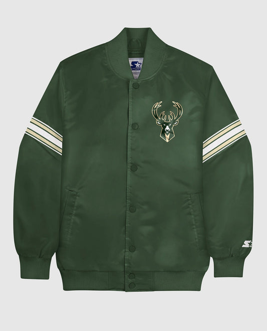 Front of Milwaukee Bucks Varsity Satin Full-Snap Jacket | Bucks Green