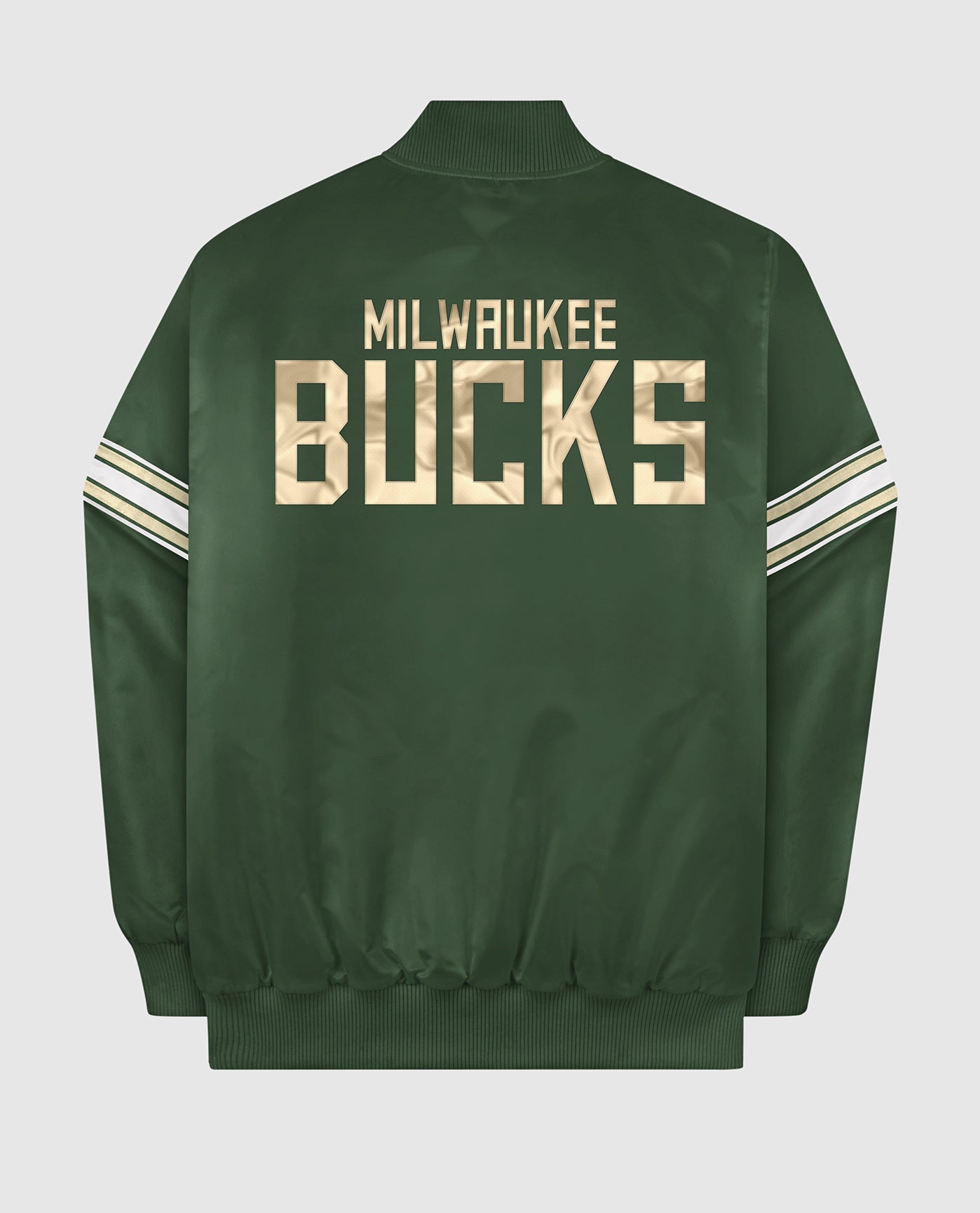 Back of Milwaukee Bucks Varsity Satin Full-Snap Jacket | Bucks Green