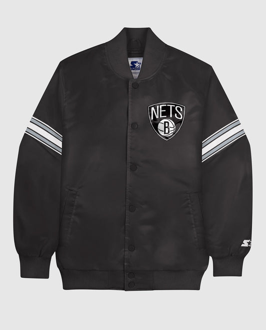 Front of Brooklyn Nets Varsity Satin Full-Snap Jacket | Black