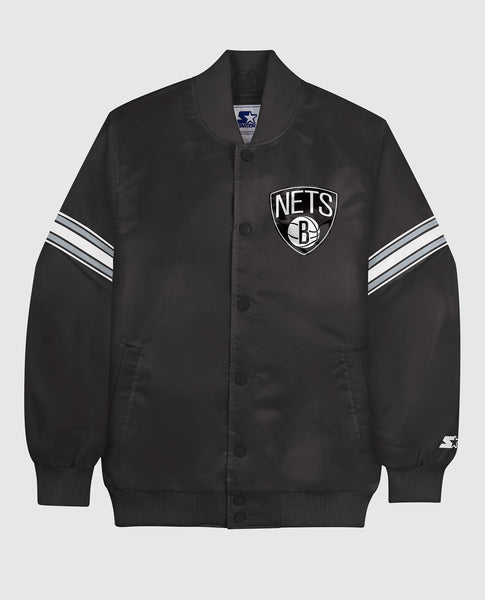 Men's Starter Black Brooklyn Nets Varsity Satin Full-Snap Jacket