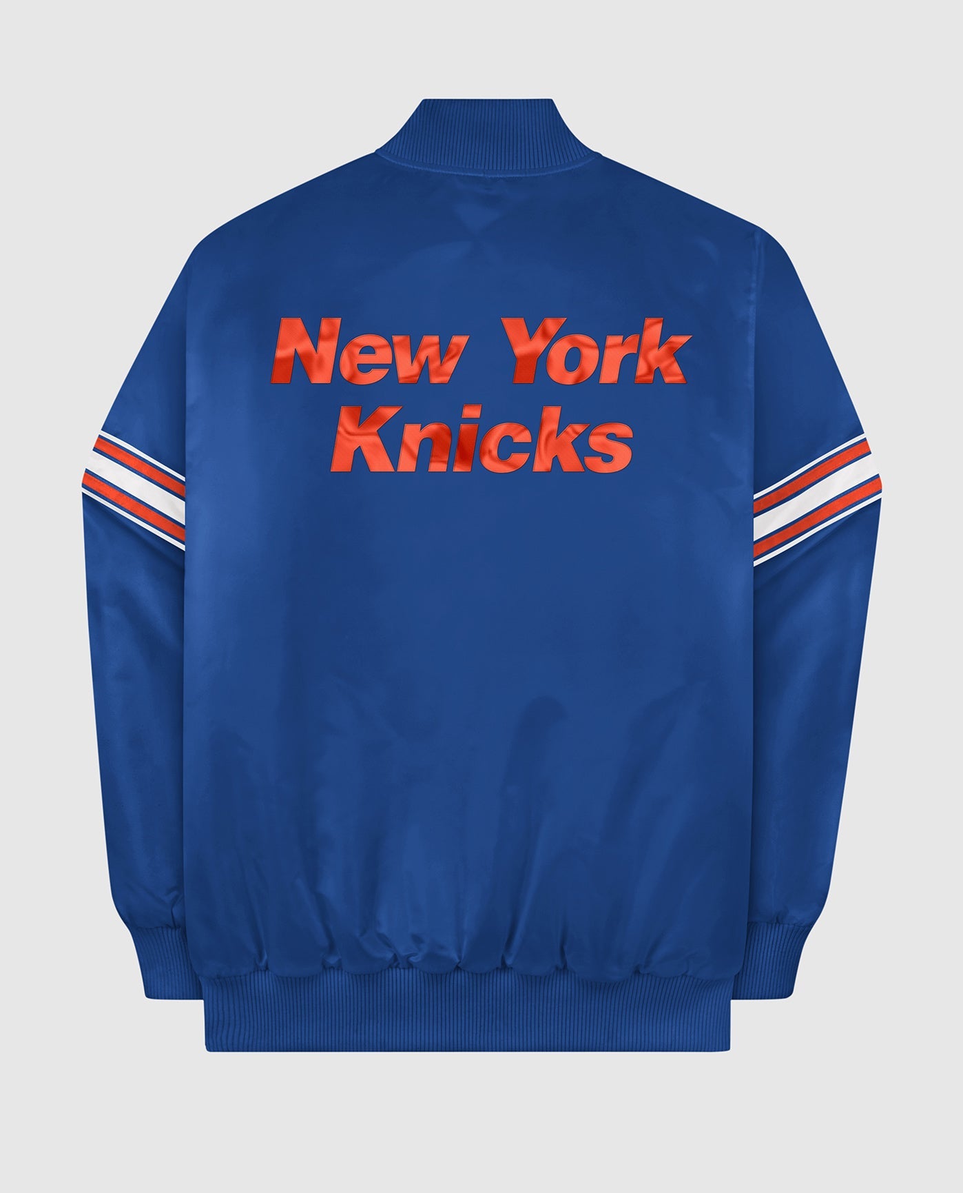 Back of New York Knicks Varsity Satin Full-Snap Jacket | Knicks Blue