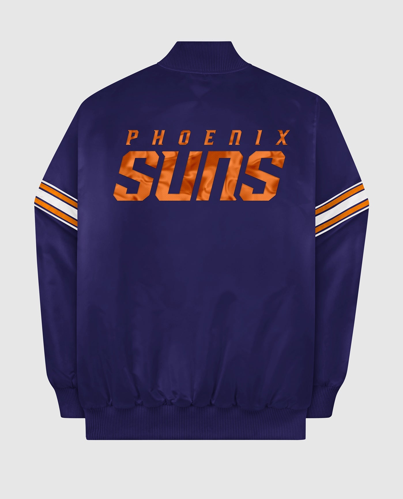Back of Phoenix Suns Varsity Satin Full-Snap Jacket | Suns Purple