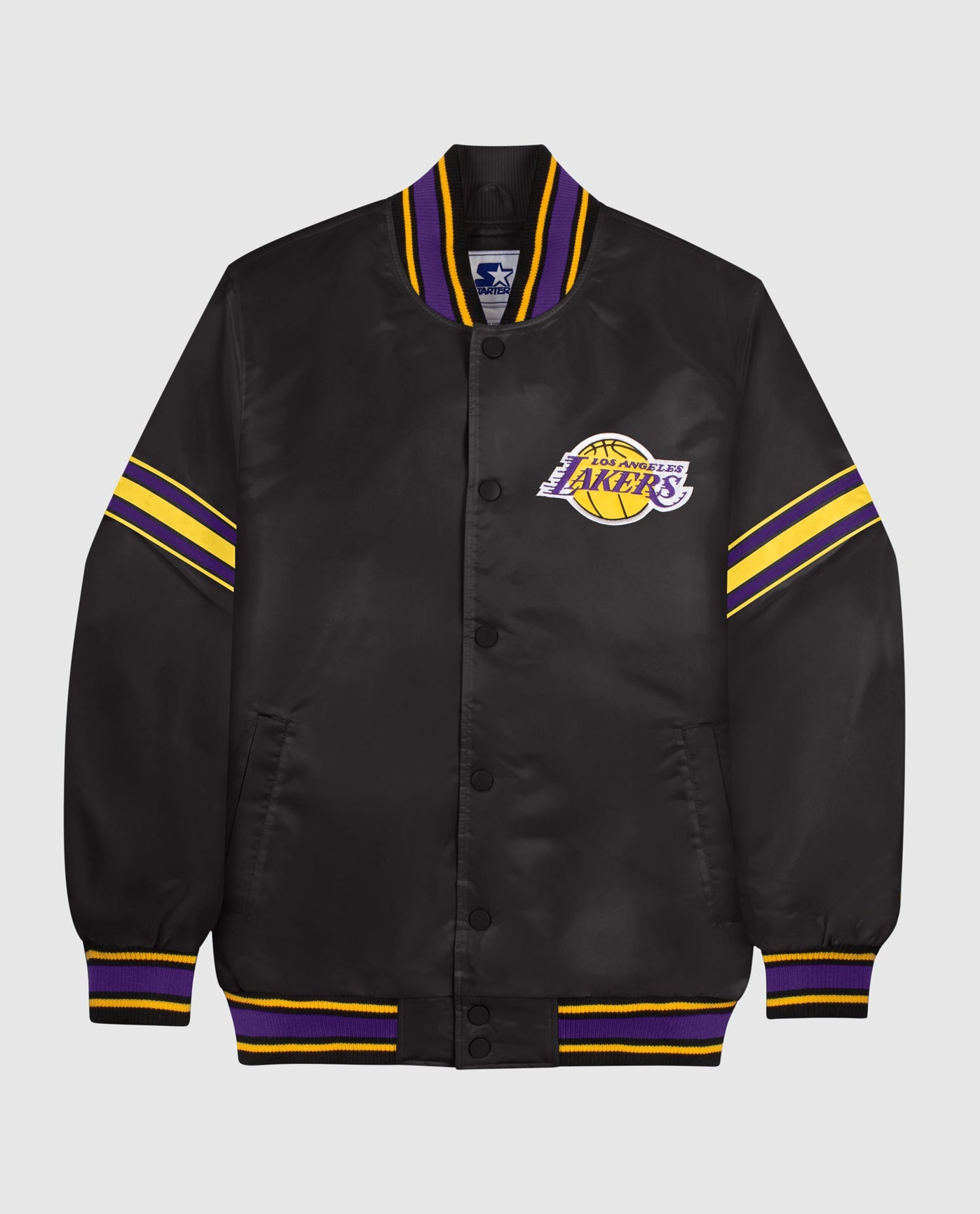 Front of Los Angeles Lakers Satin Full-Snap Jacket | Lakers Purple