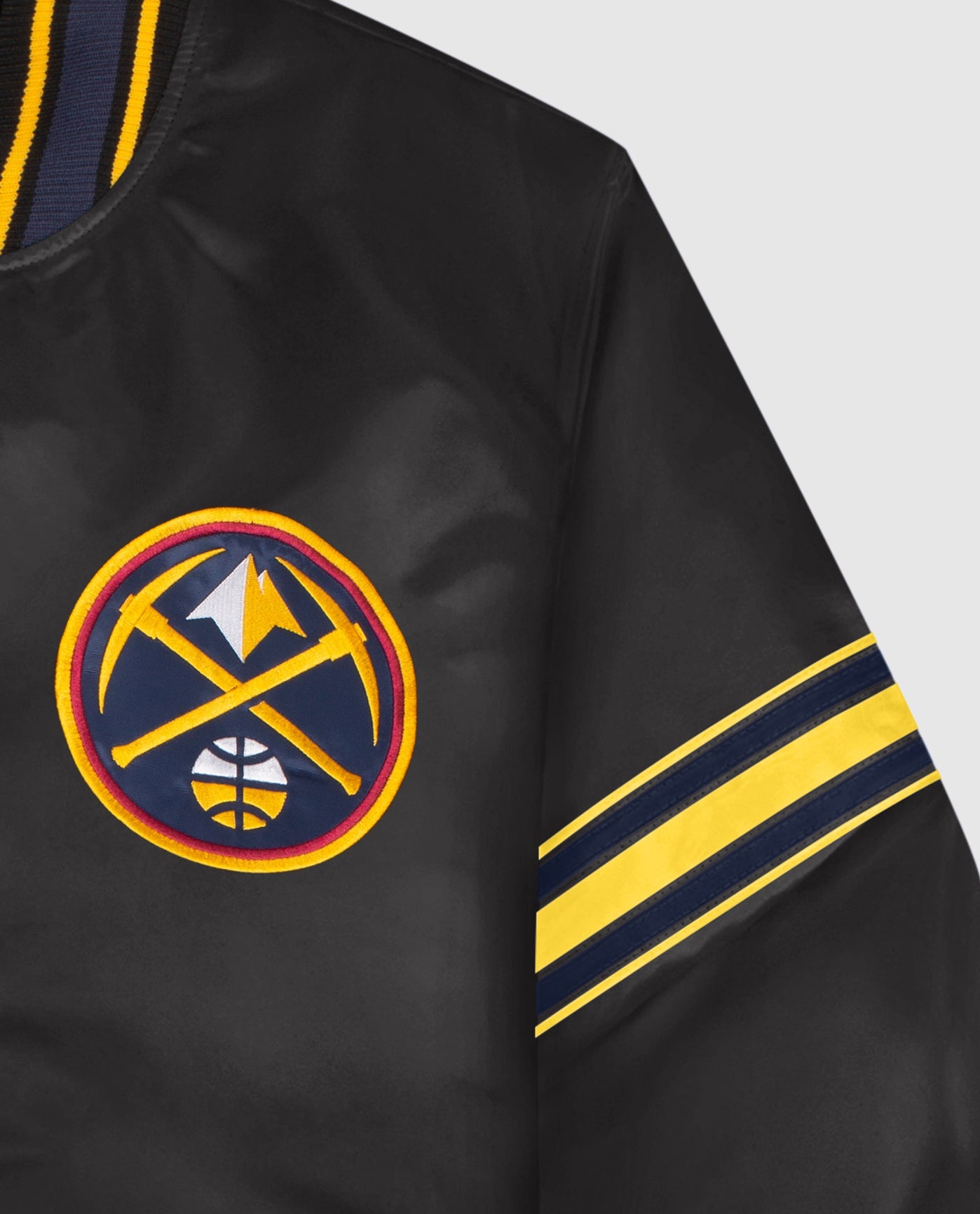 Front Team Logo Emblem and Sleeve Stripe on Denver Nuggets Satin Full-Snap Jacket | Black