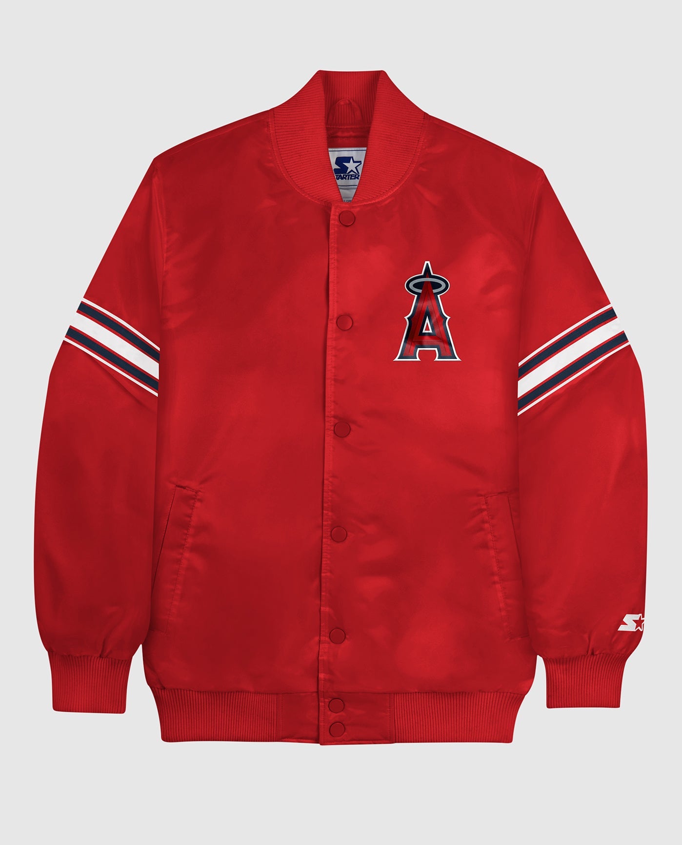 Front of Los Angeles Angels Varsity Satin Full-Snap Jacket | Angels Red