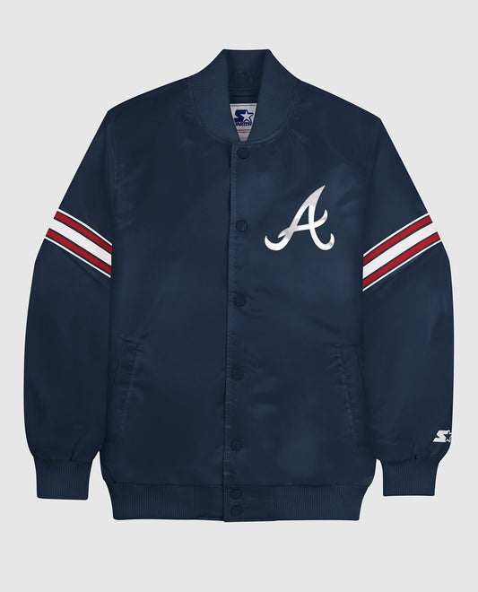 Front of Atlanta Braves Varsity Satin Full-Snap Jacket | Braves Navy