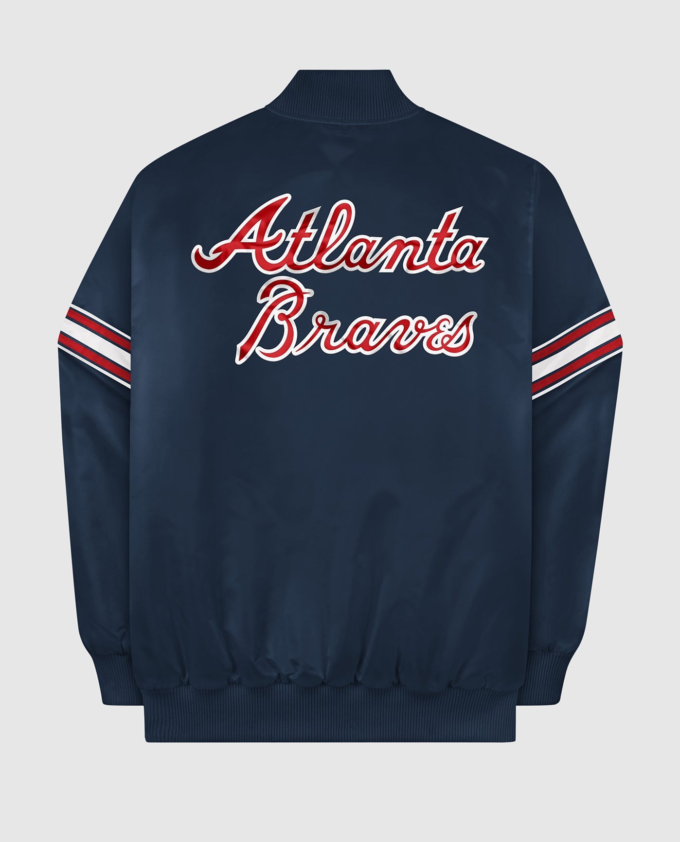 Back of Atlanta Braves Varsity Satin Full-Snap Jacket | Braves Navy