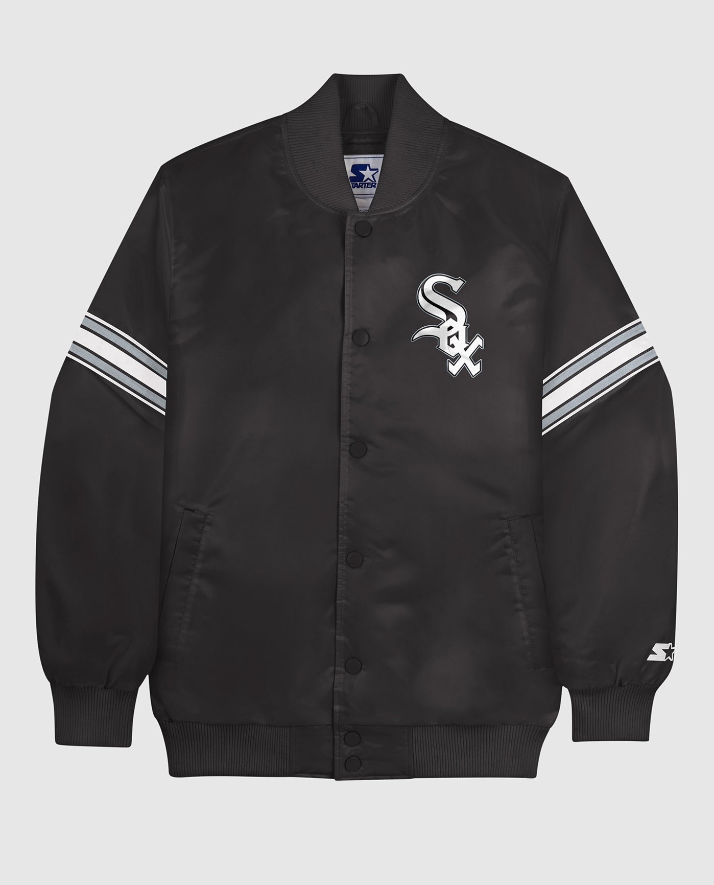 Front of Chicago White Sox Varsity Satin Full-Snap Jacket | Black
