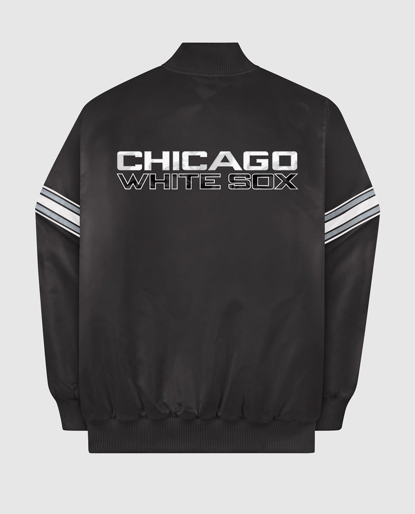 Back of Chicago White Sox Varsity Satin Full-Snap Jacket | Black