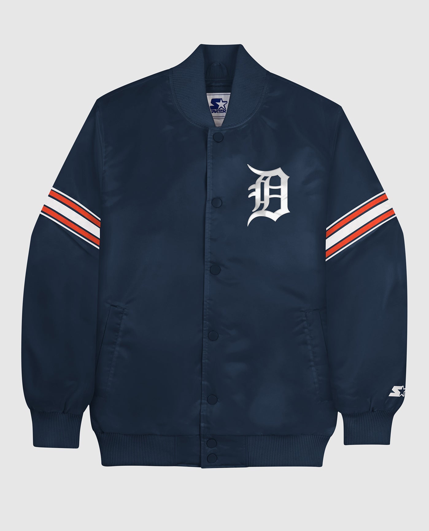 Front of Detroit Tigers Varsity Satin Full-Snap Jacket | Tigers Navy