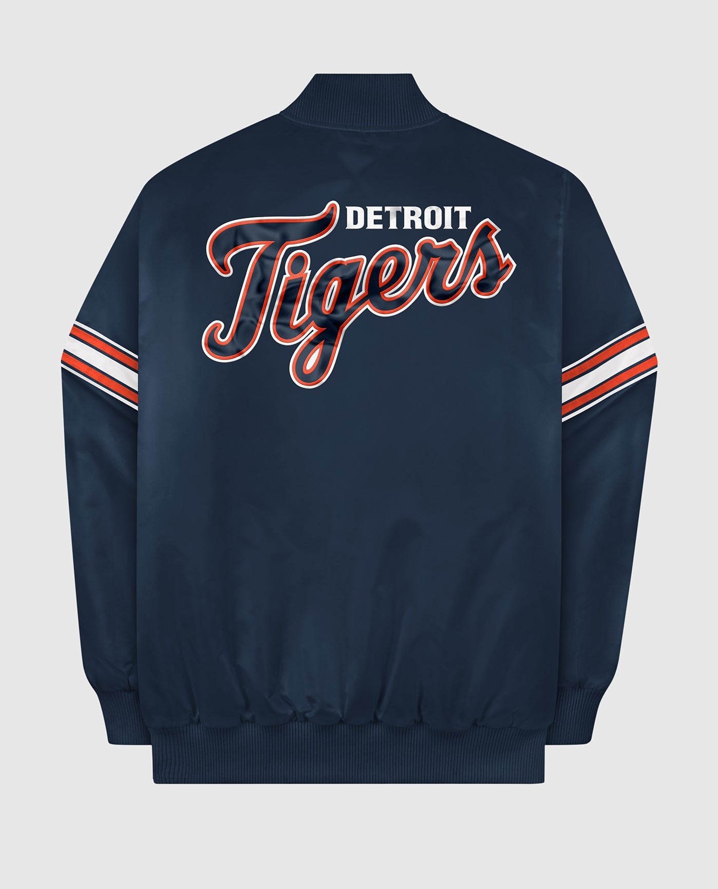 Back of Detroit Tigers Varsity Satin Full-Snap Jacket | Tigers Navy