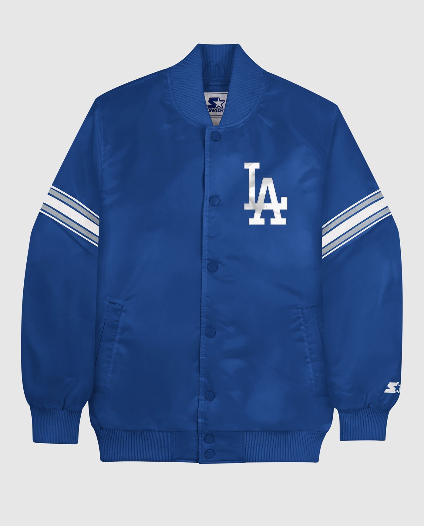 Front of Los Angeles Dodgers Varsity Satin Full-Snap Jacket | Dodgers Blue
