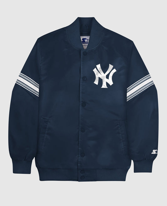 Front of New York Yankees Varsity Satin Full-Snap Jacket | Yankees Navy