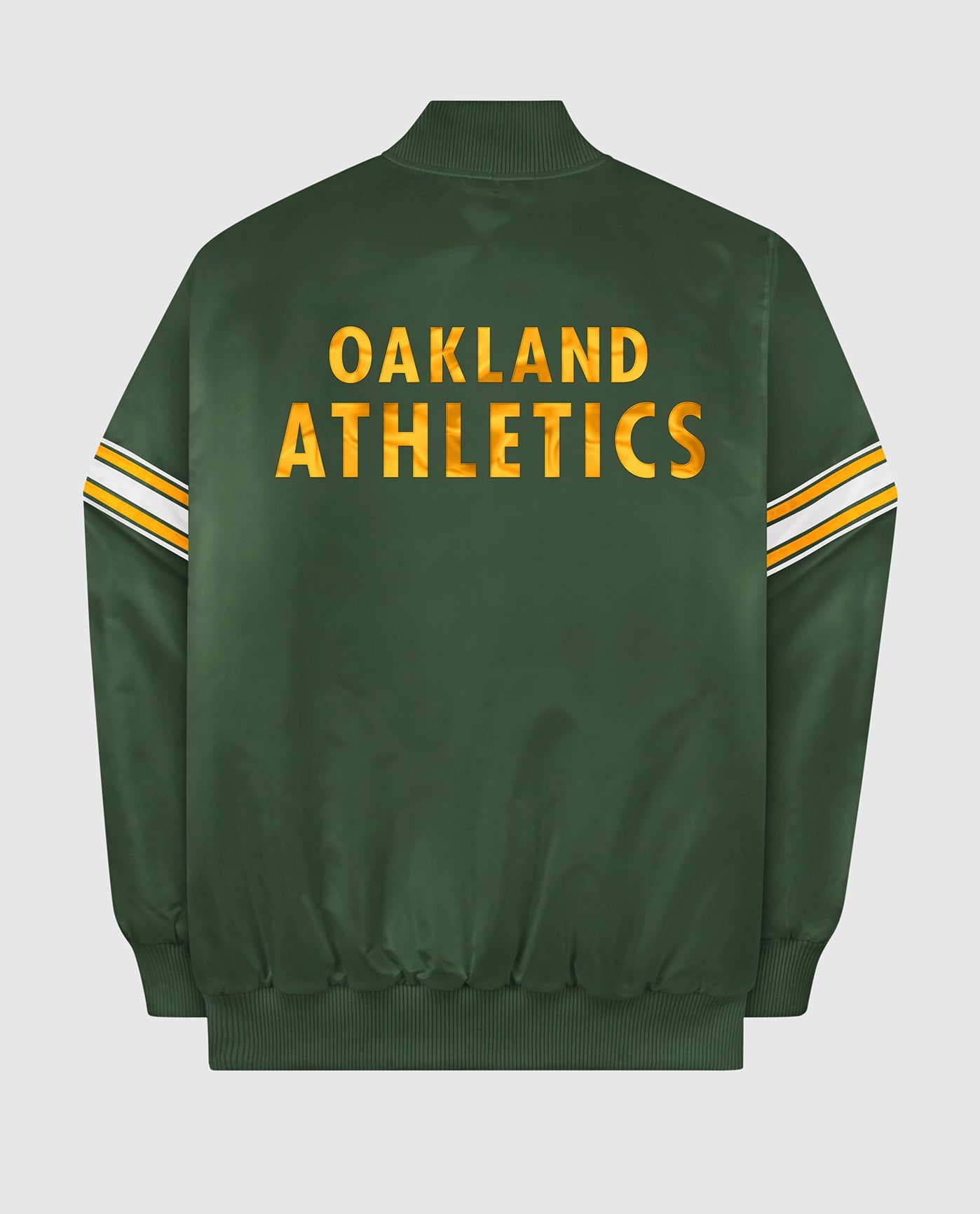 Back of Oakland Athletics Varsity Satin Full-Snap Jacket | Athletics Green