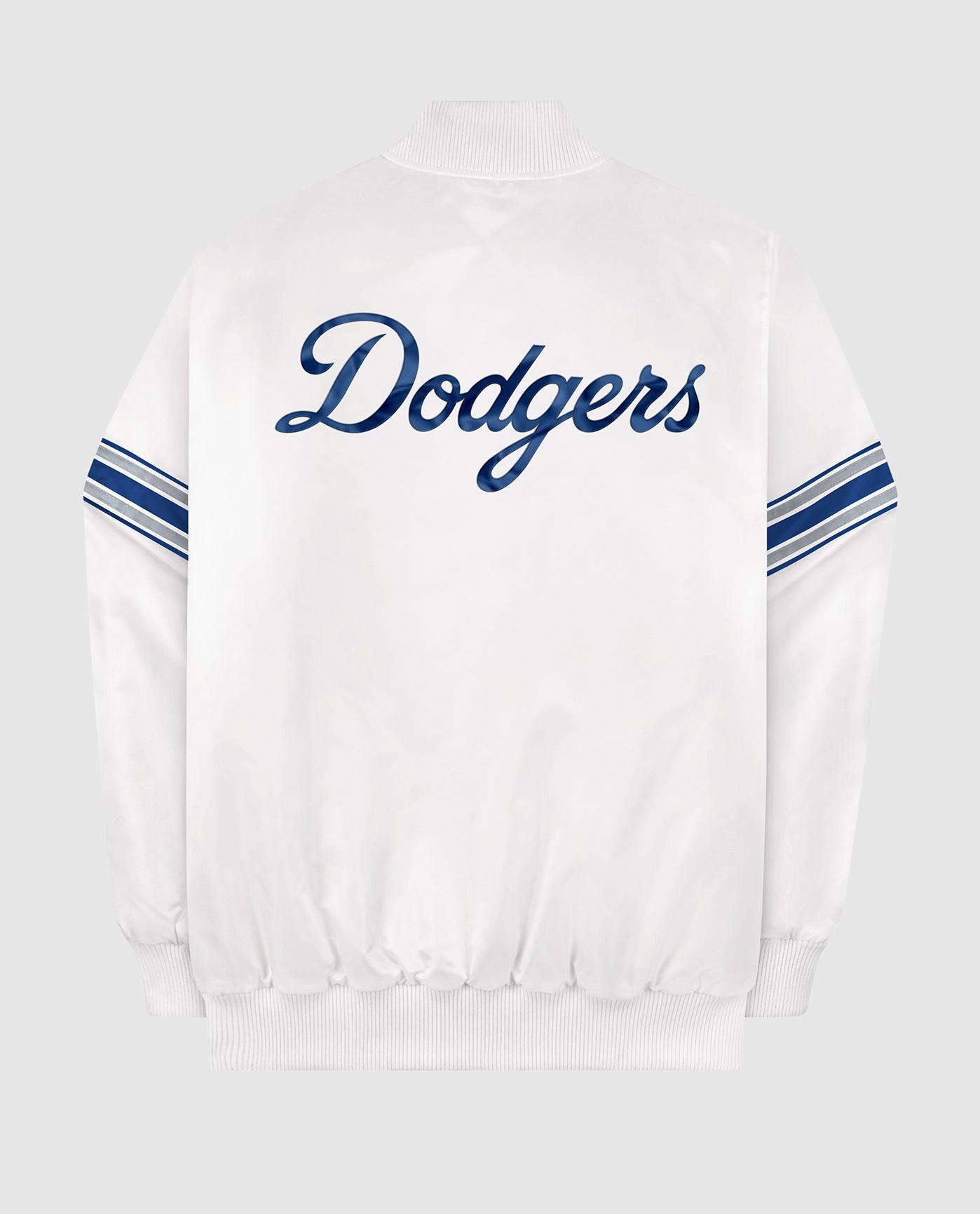 Back of Los Angeles Dodgers White Varsity Satin Full-Snap Jacket | White