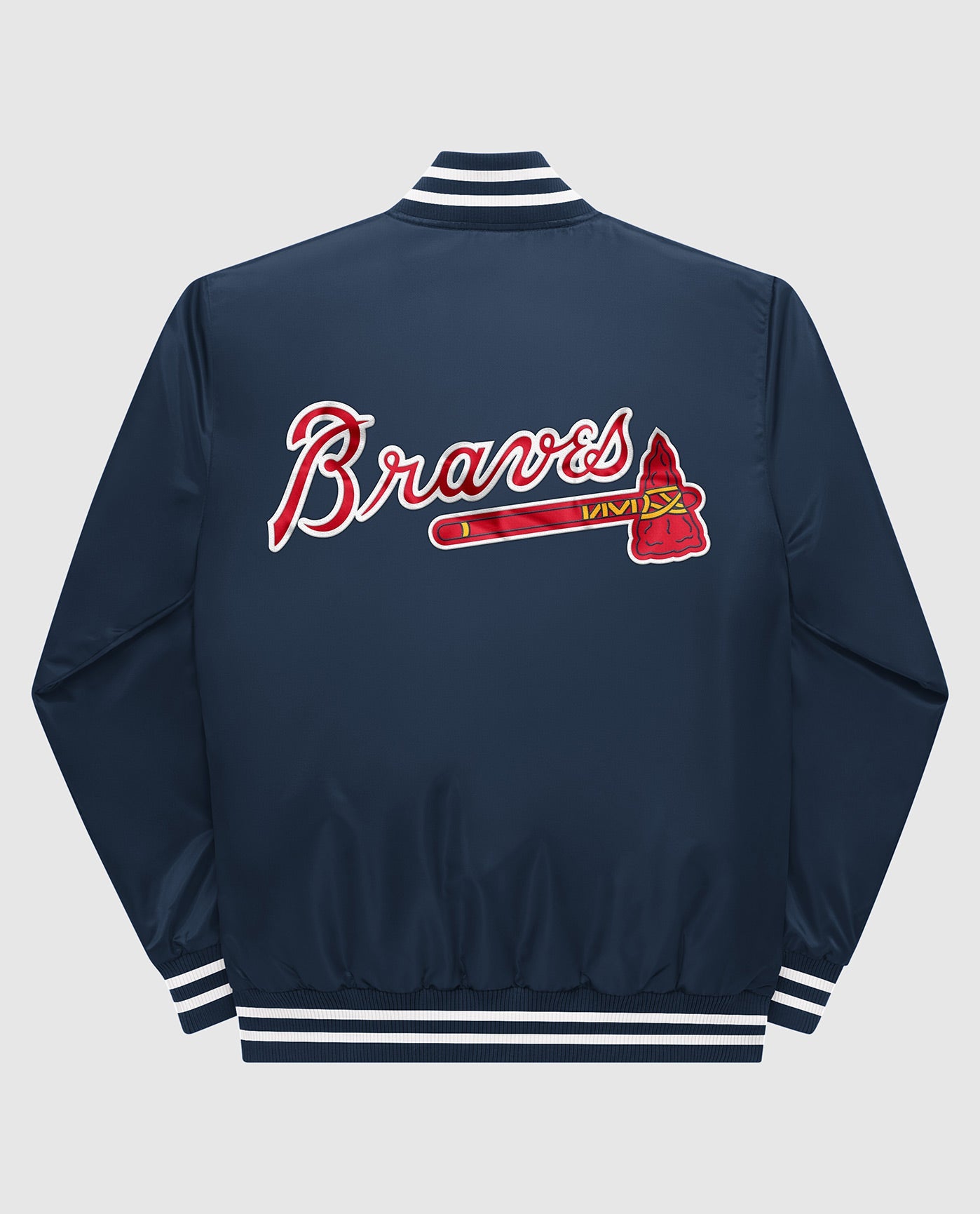 Back of Atlanta Braves Varsity Satin Full-Snap Jacket | Braves Navy