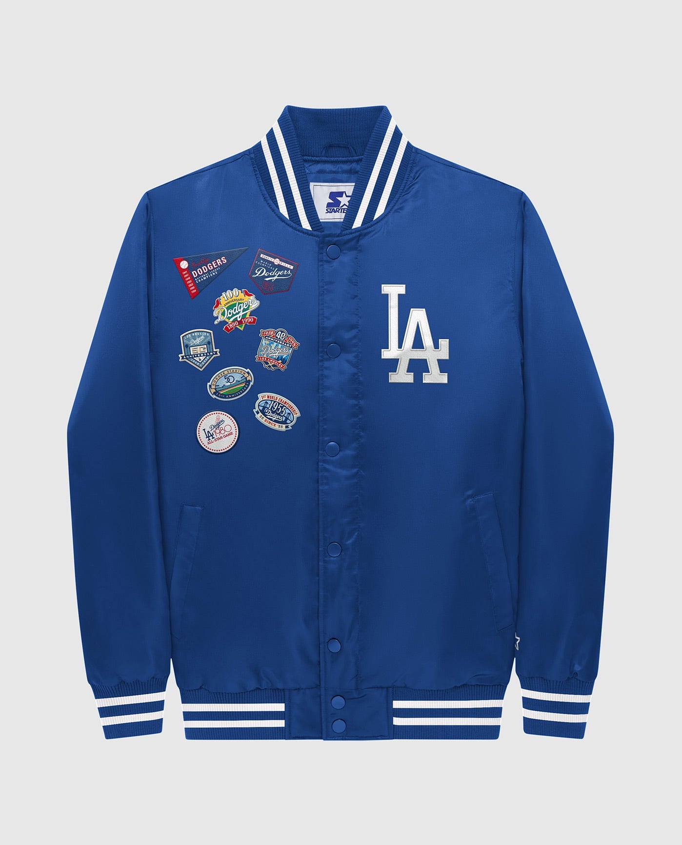 Front of Los Angeles Dodgers Varsity Satin Full-Snap Jacket | Dodgers Blue