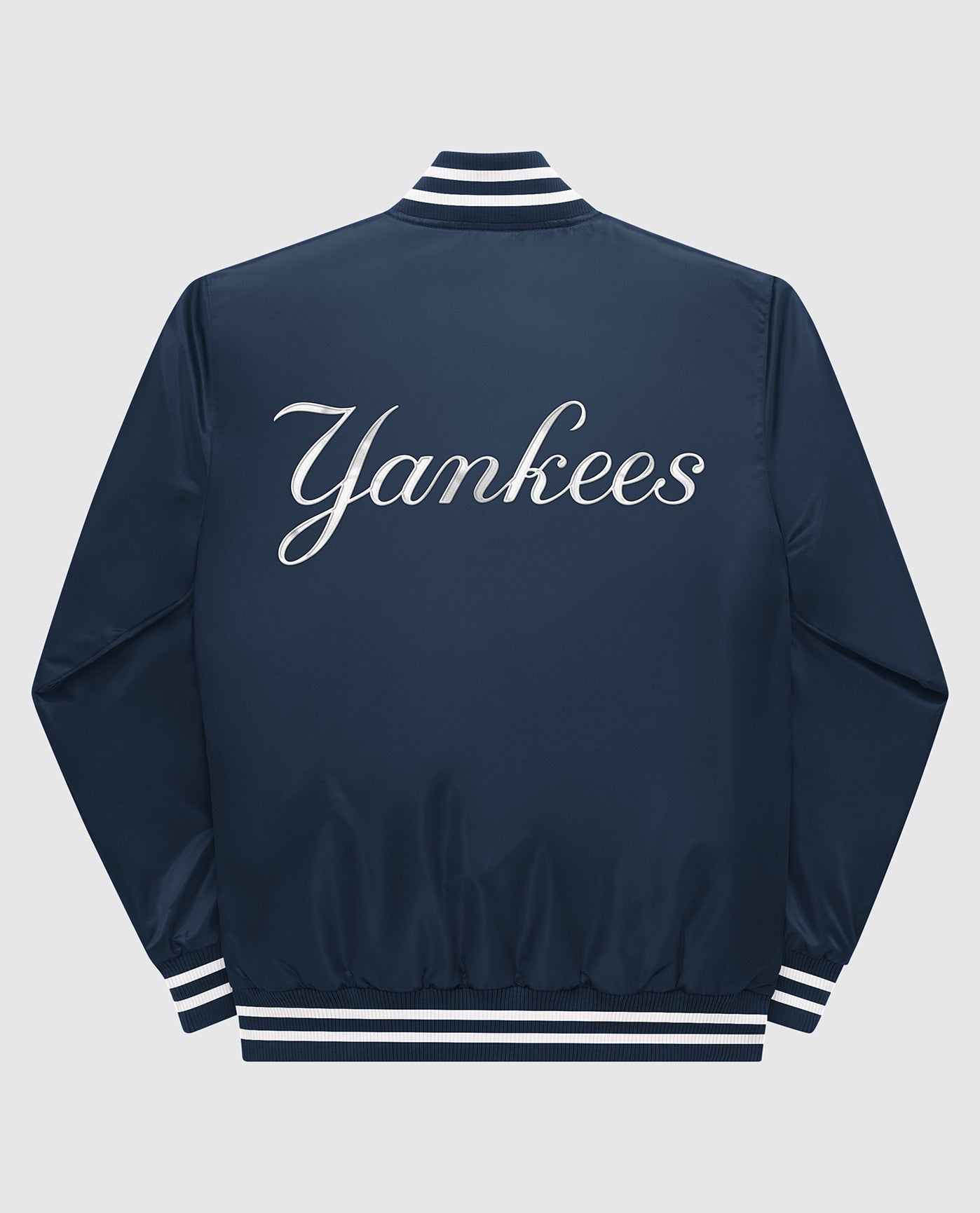 Back of New York Yankees Varsity Satin Full-Snap Jacket | Yankees Navy