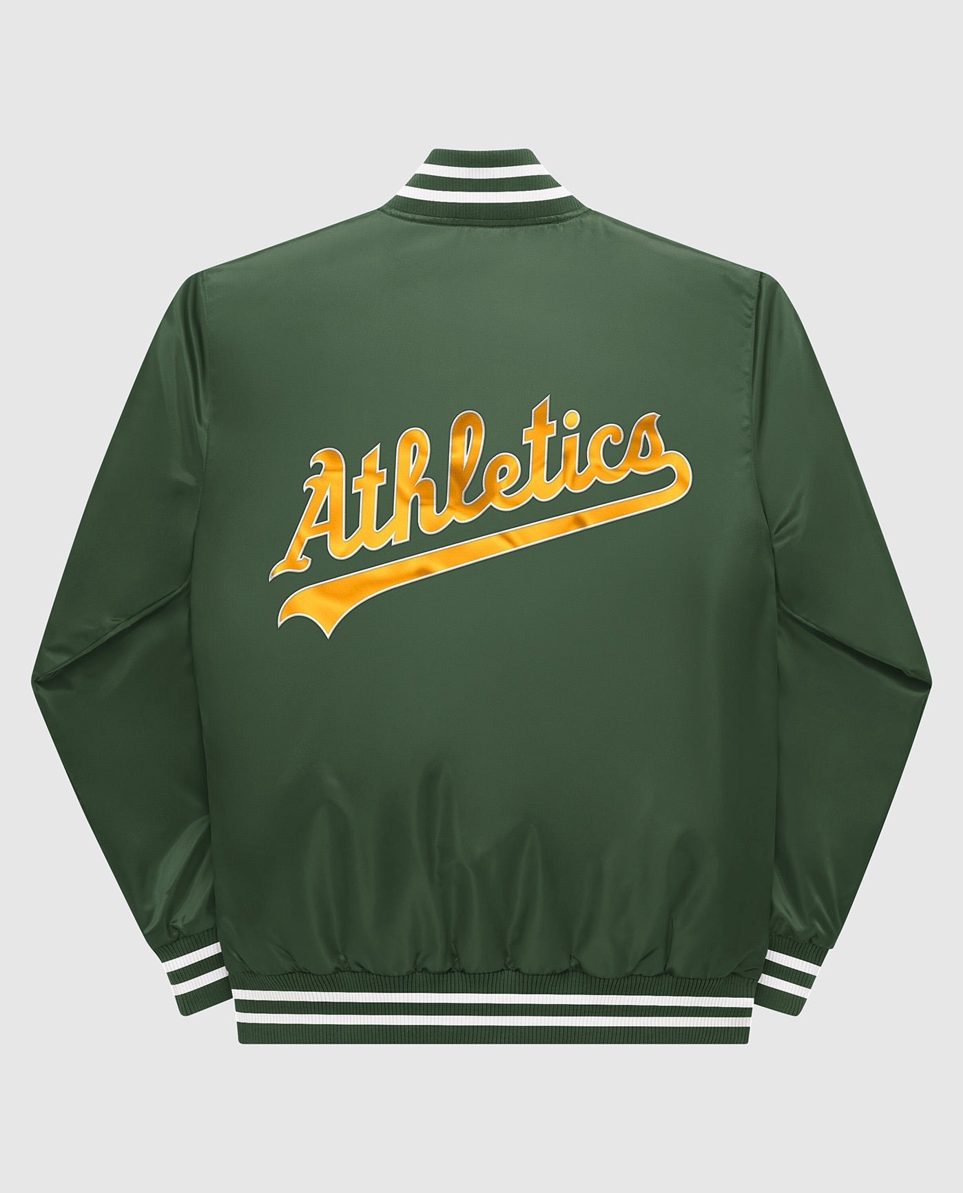 Back of Oakland Athletics Varsity Satin Full-Snap Jacket | Athletics Green