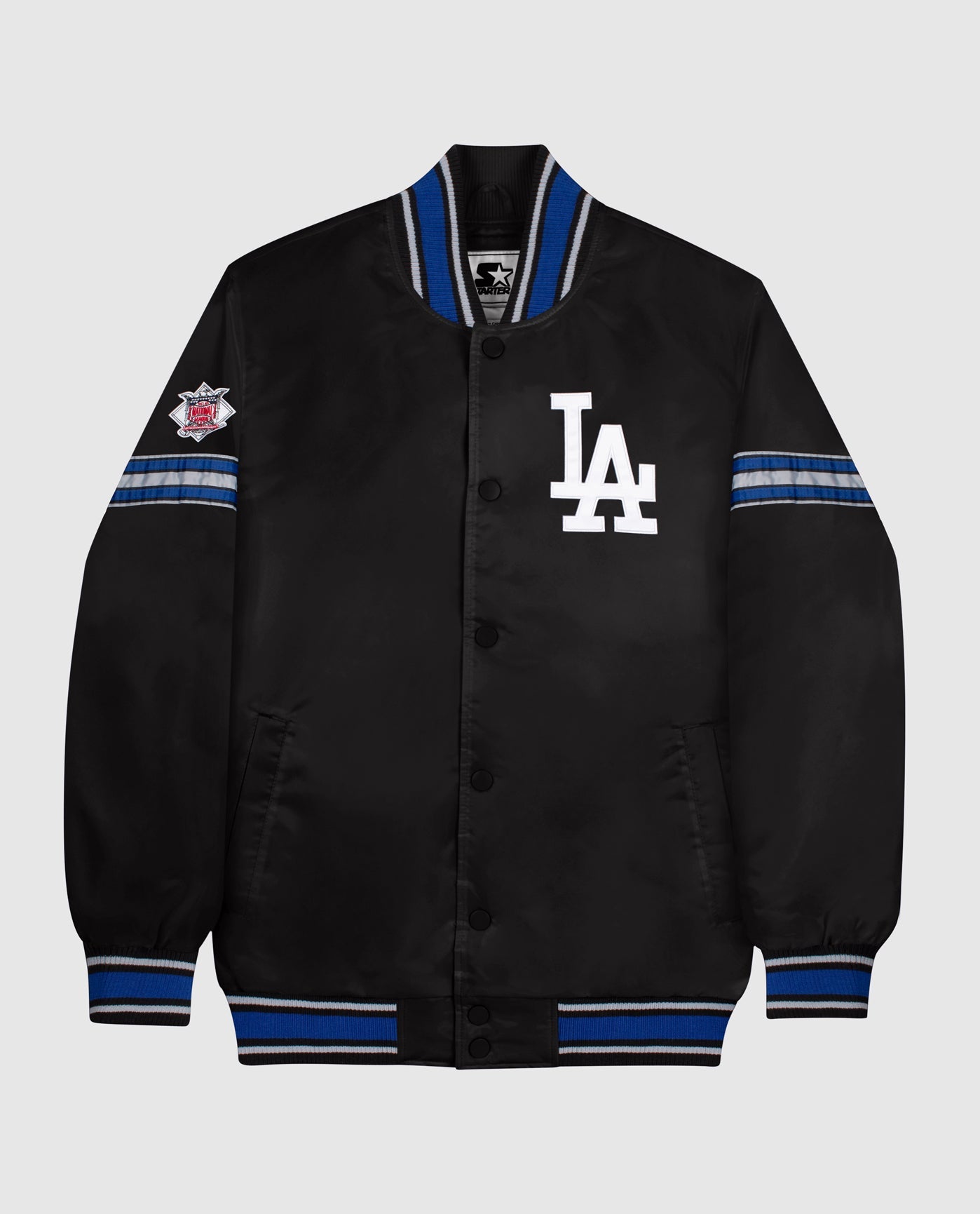 Front of Los Angeles Dodgers Satin Full-Snap Jacket | Black
