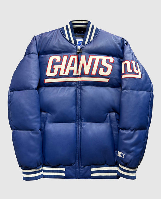 Front of New York Giants Bronx Bubble Leather Puffer Jacket | Giants Blue