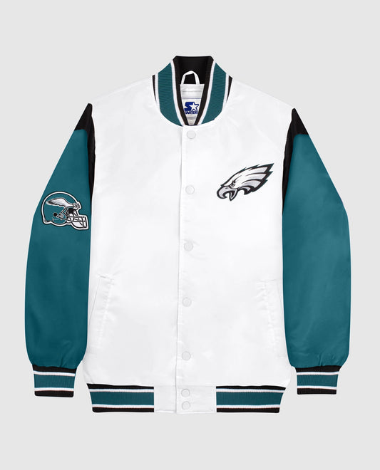 Front of Philadelphia Eagles Satin Full-Snap Jacket | White