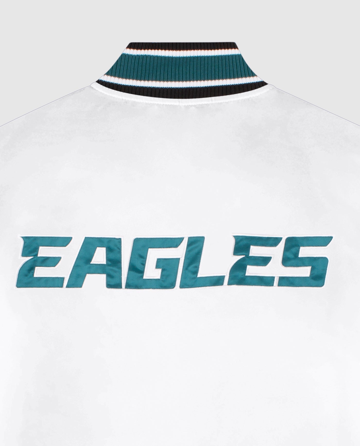 Team Name on Back of Philadelphia Eagles Satin Full-Snap Jacket | White