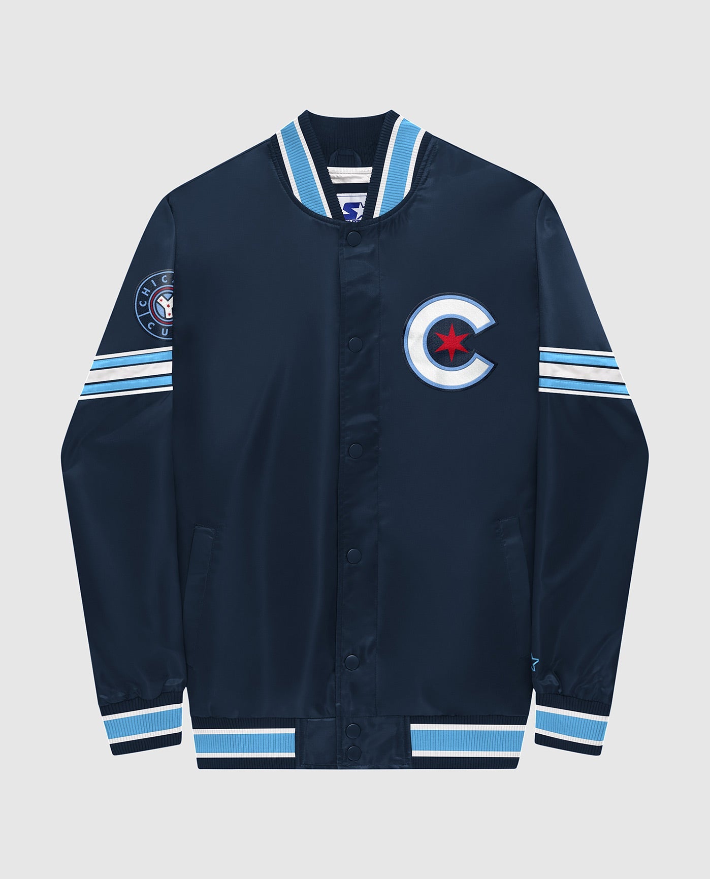 Front of Chicago Cubs Varsity Satin Full-Snap Jacket | Navy