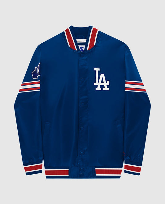 Front of Los Angeles Dodgers Varsity Satin Full-Snap Jacket | Dark Blue