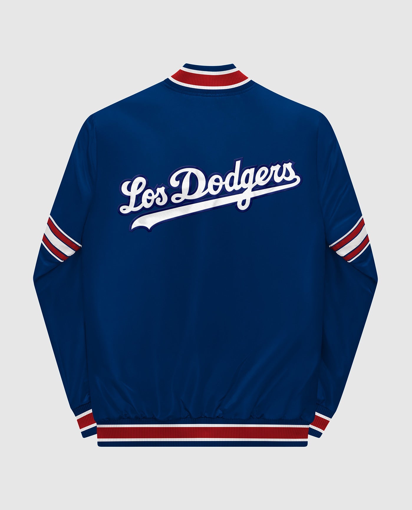 Back of Los Angeles Dodgers Varsity Satin Full-Snap Jacket | Dark Blue