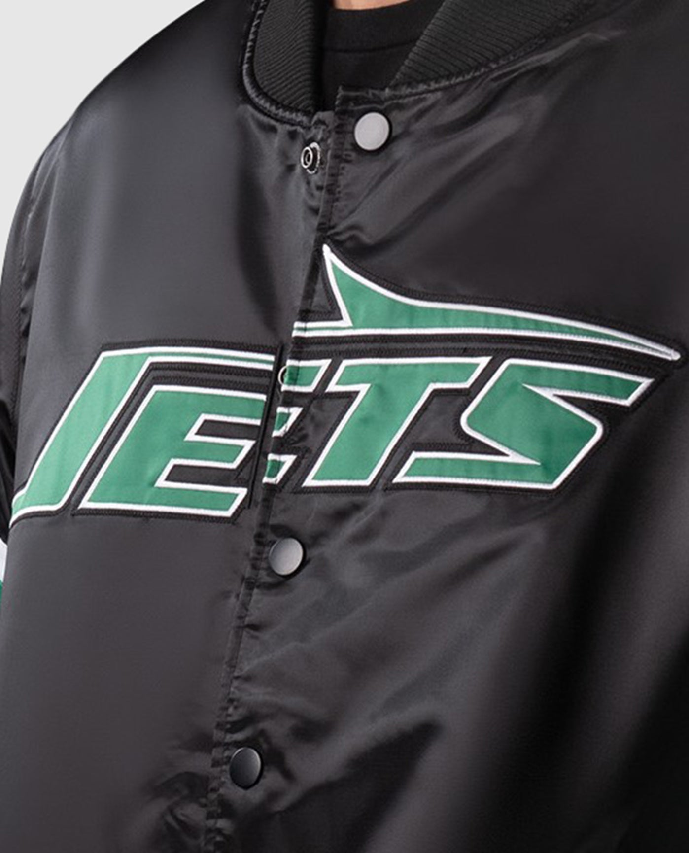 Front Detail of New York Jets NYC Lights Satin Full-Snap Jacket | Black