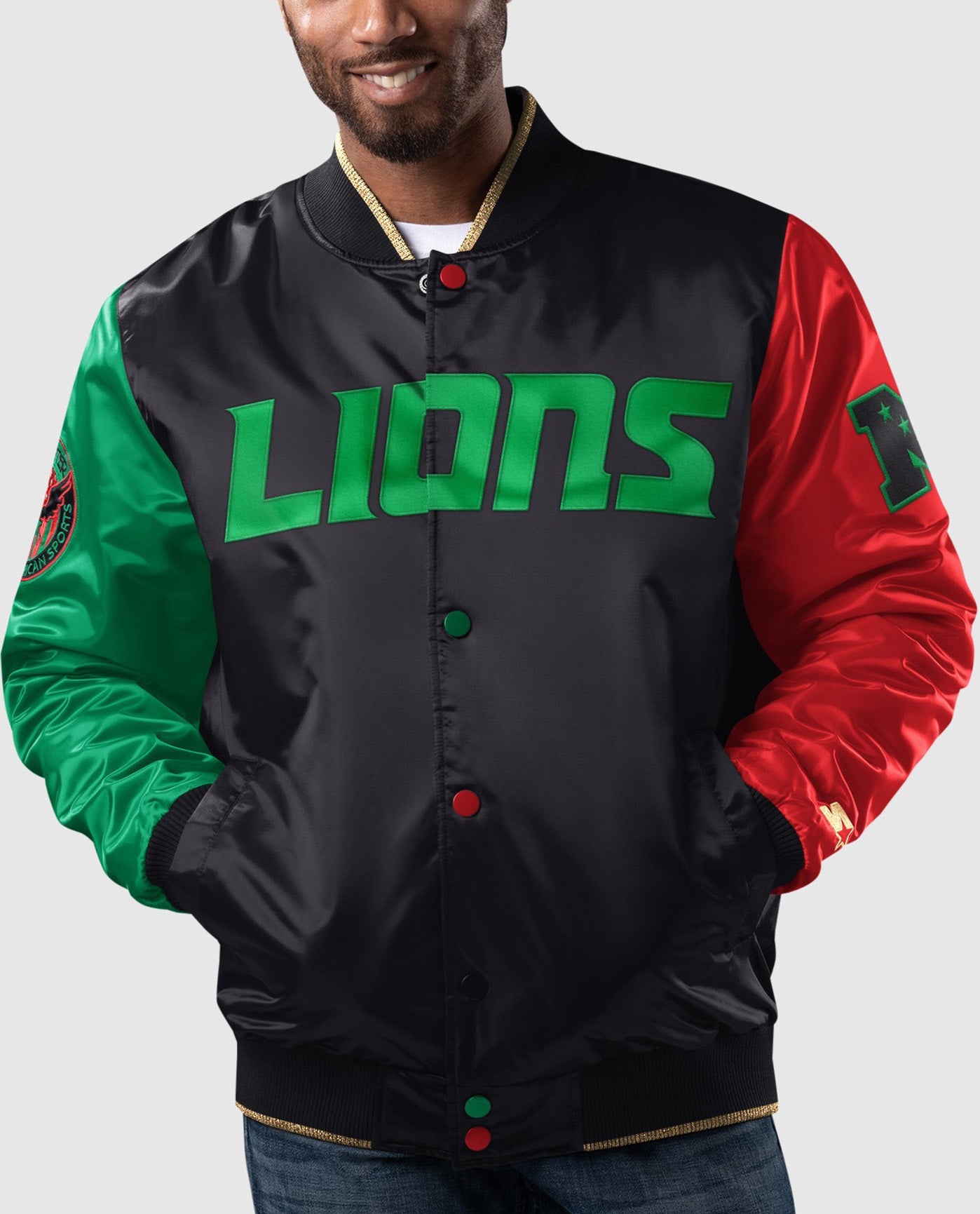 Front of Detroit Lions Black History Month Quilted Lining Satin Full-Snap Jacket | Black