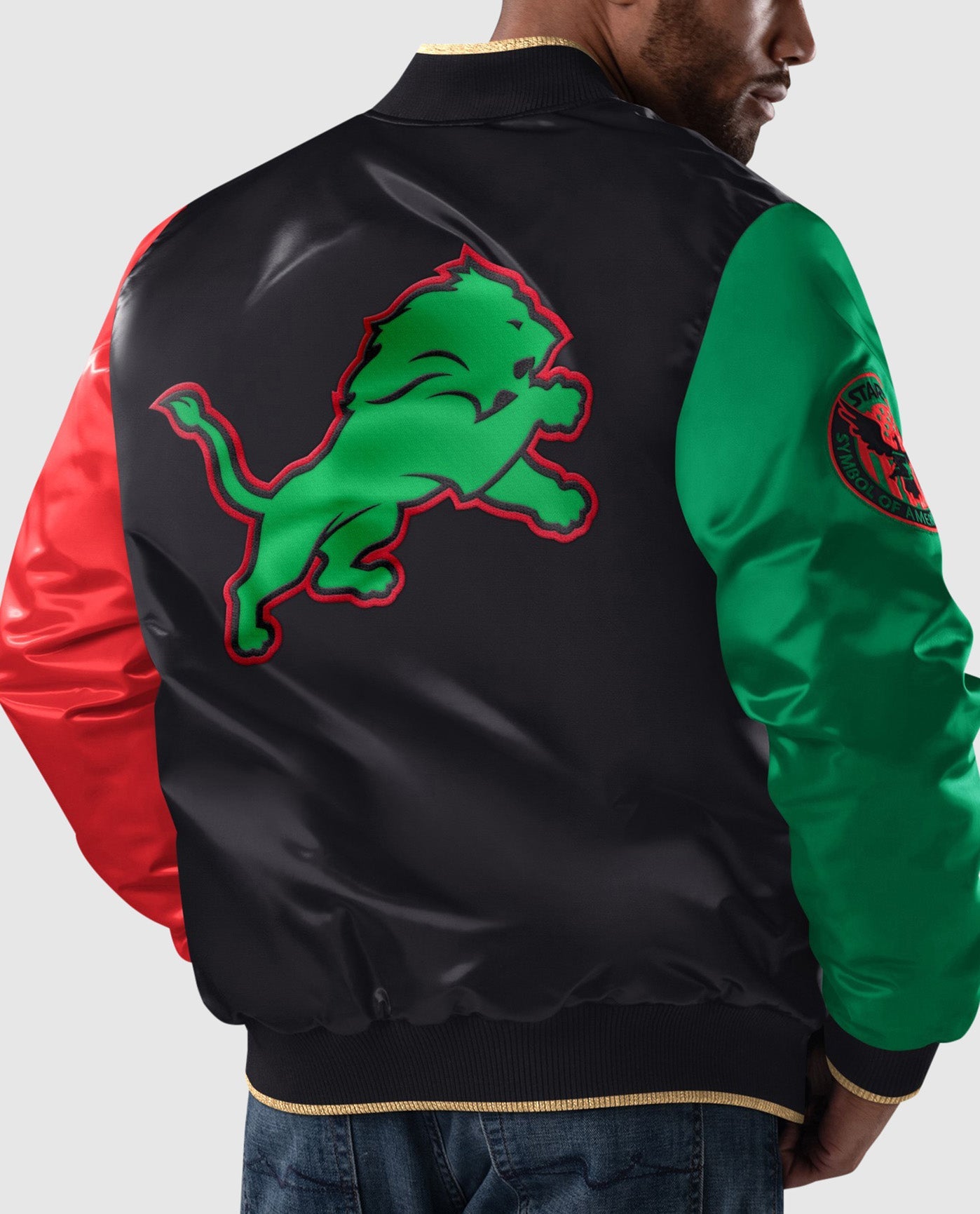 Back of Detroit Lions Black History Month Quilted Lining Satin Full-Snap Jacket | Black